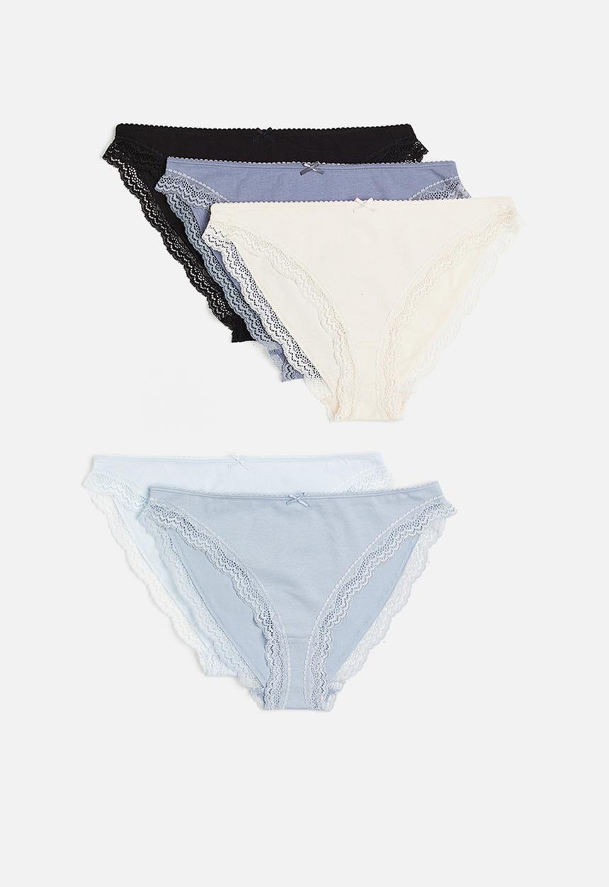 H&M - 5-pack lace-trimmed bikini briefs - beige ,black, blue, white