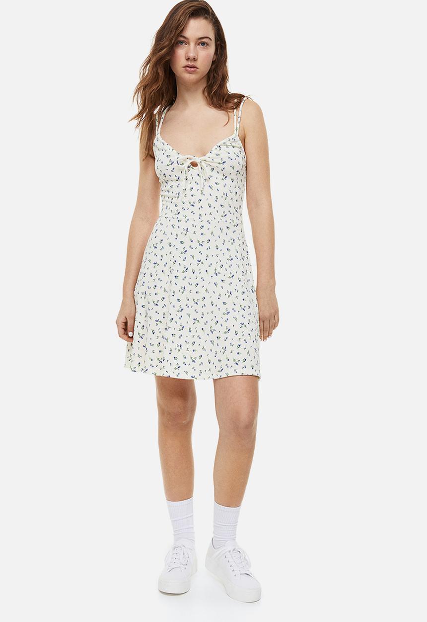 H&M - Crinkled drawstring-detail dress - cream/floral