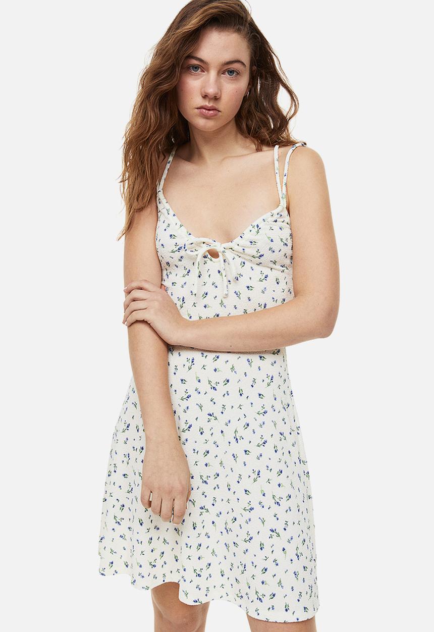 H&M - Crinkled drawstring-detail dress - cream/floral