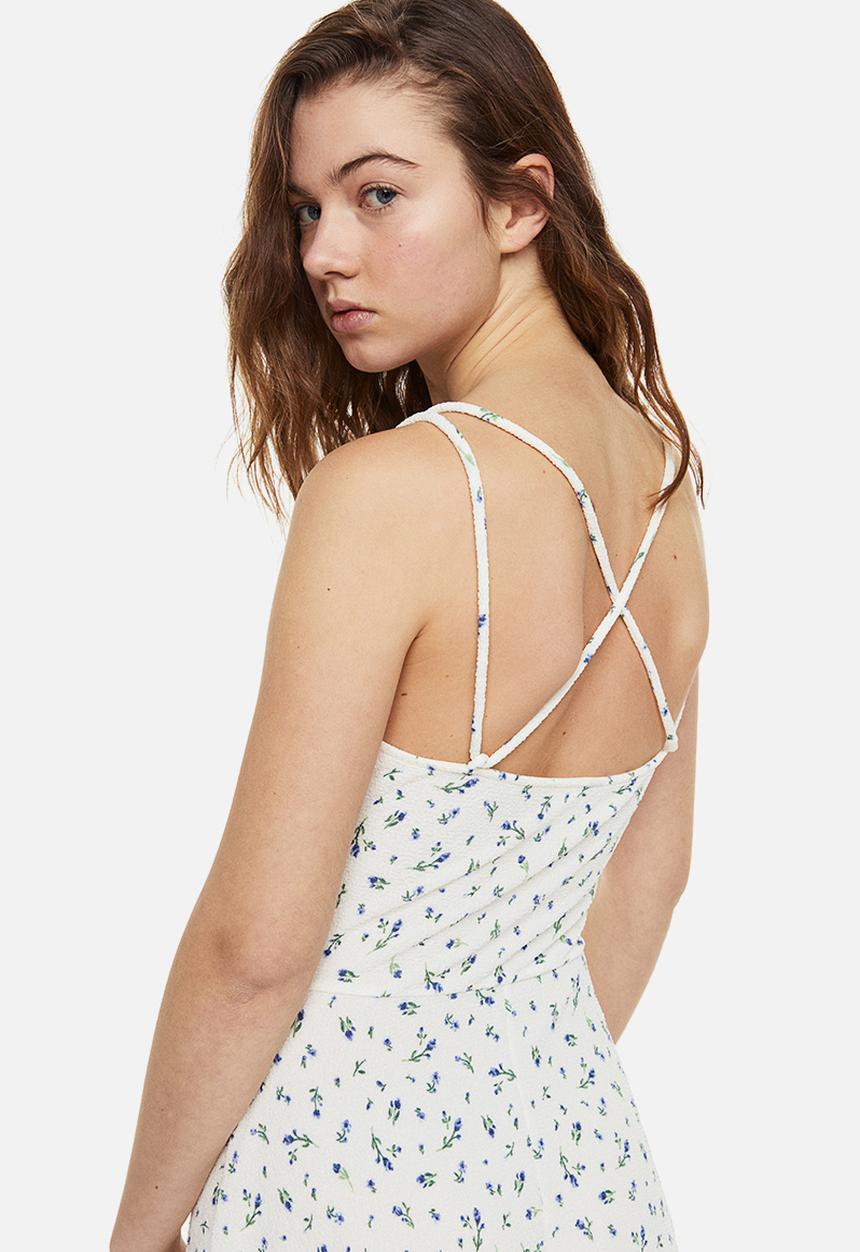 H&M - Crinkled drawstring-detail dress - cream/floral
