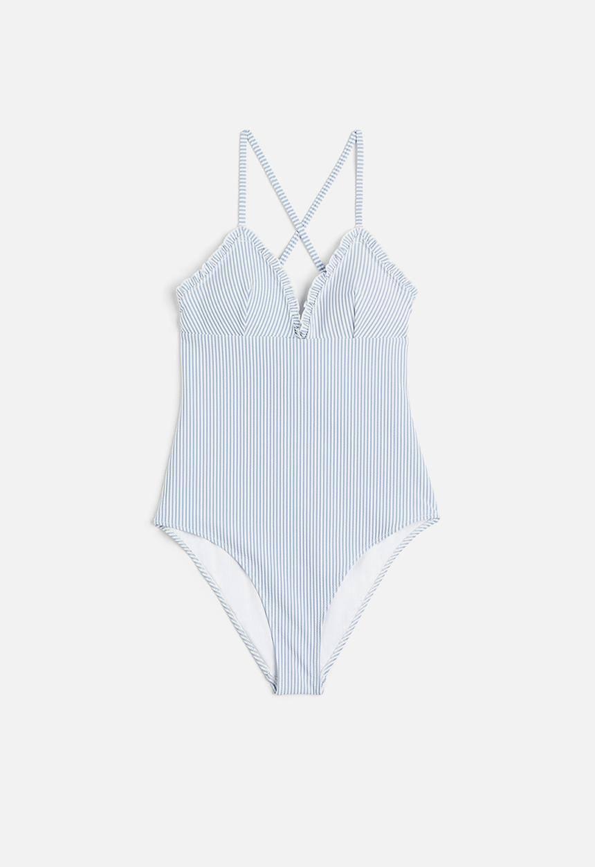 H&M - Padded-cup swimsuit - light blue & white striped