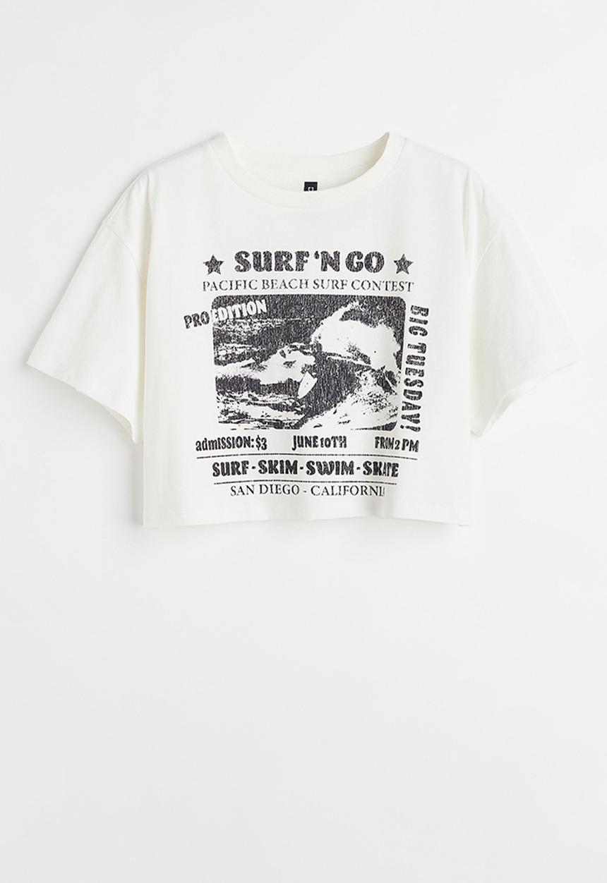 H&M - Cropped printed t-shirt - white/surfer