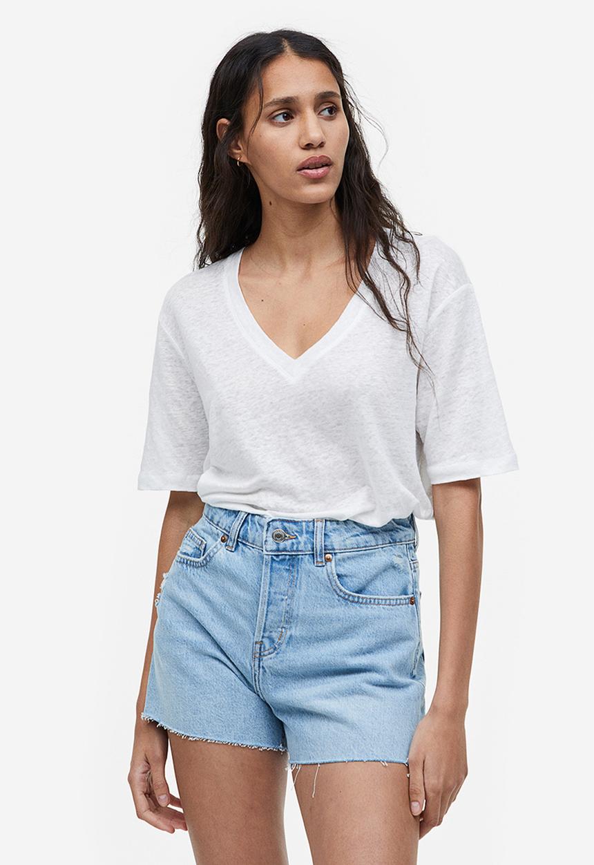 H&M - V-neck linen-jersey T-shirt - white