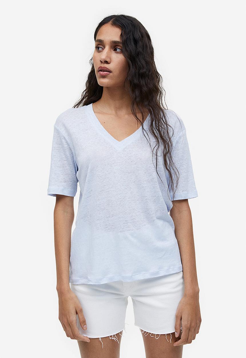 H&M - V-neck linen-jersey T-shirt - light blue 