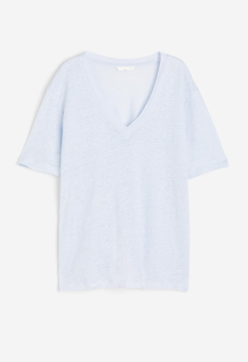 H&M - V-neck linen-jersey T-shirt - light blue 