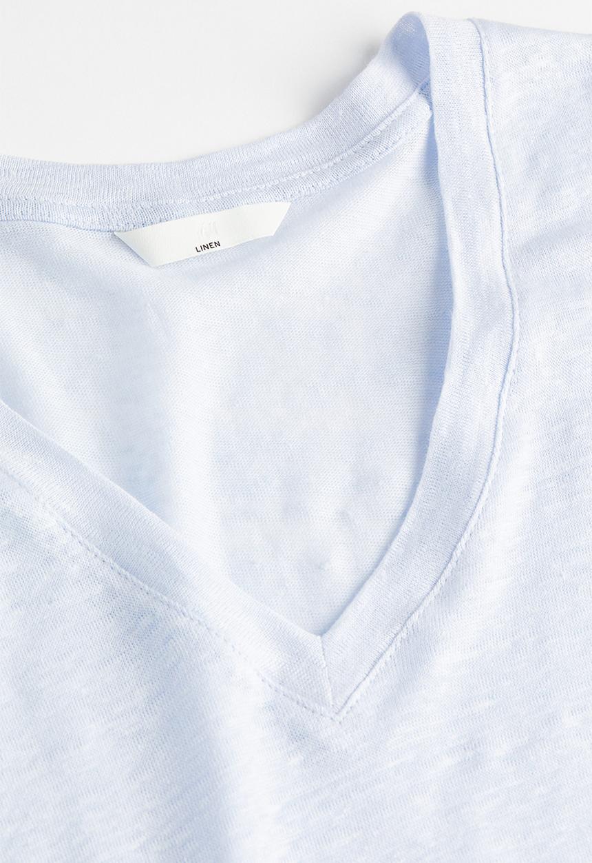 H&M - V-neck linen-jersey T-shirt - light blue 