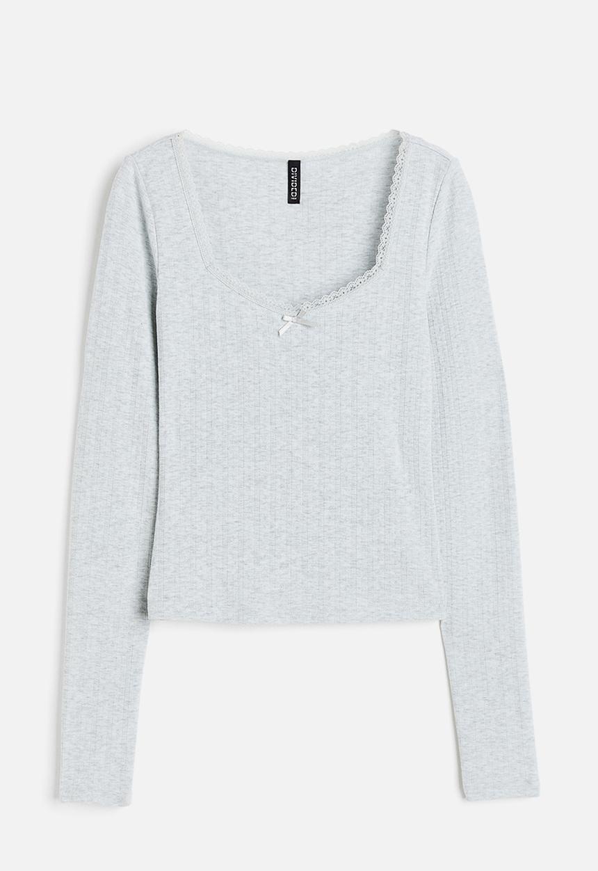H&M - Lace-trimmed pointelle jersey top - light grey marl 