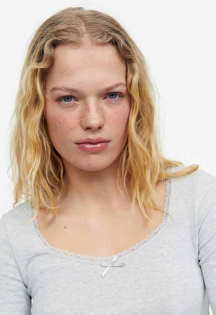 H&M - Lace-trimmed pointelle jersey top - light grey marl 