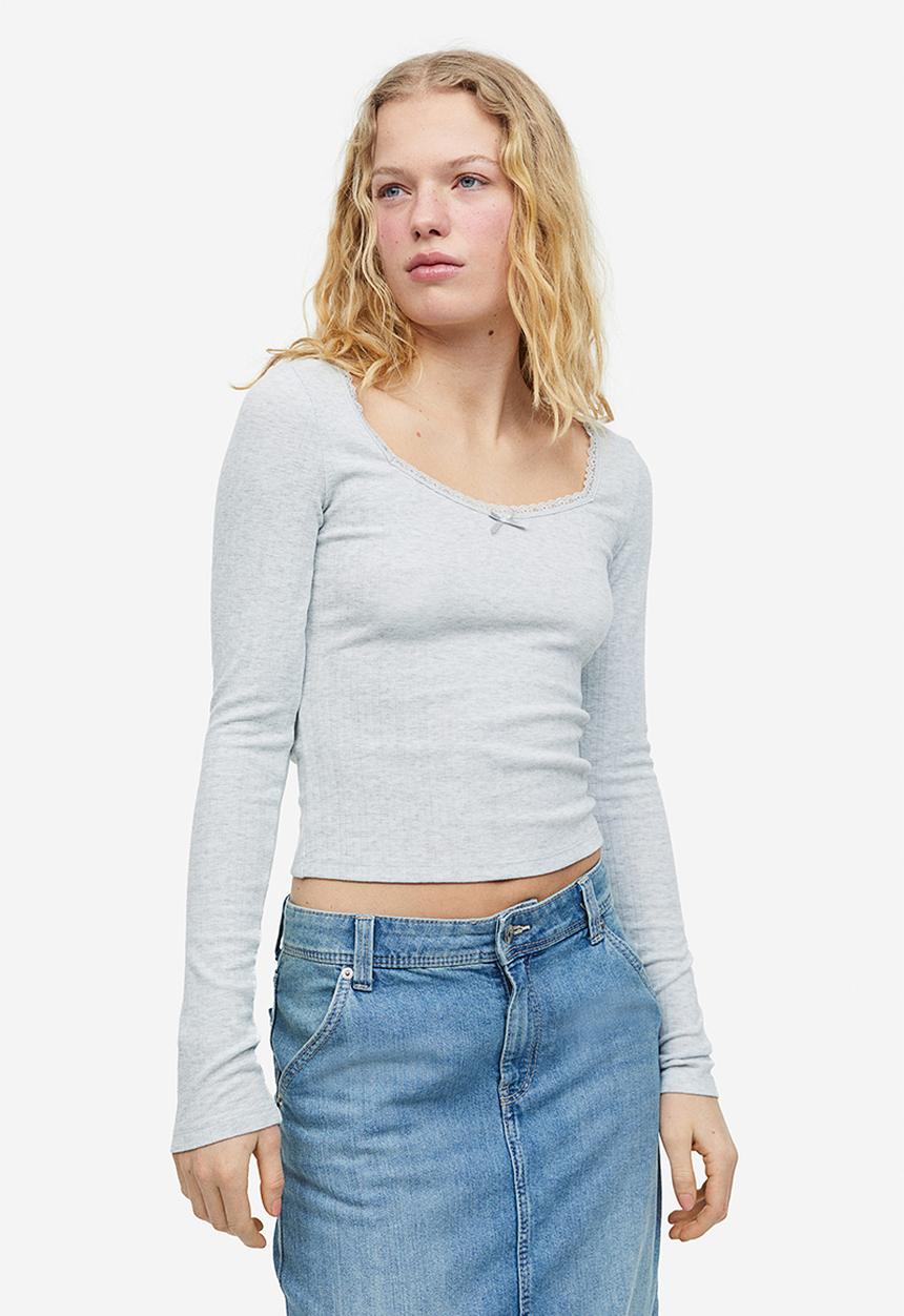 H&M - Lace-trimmed pointelle jersey top - light grey marl 