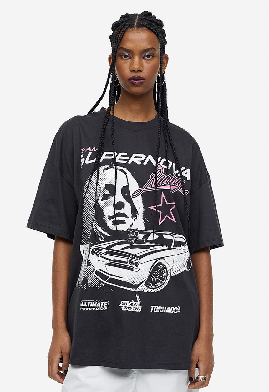 H&M - Oversized printed t-shirt - black / supernova 