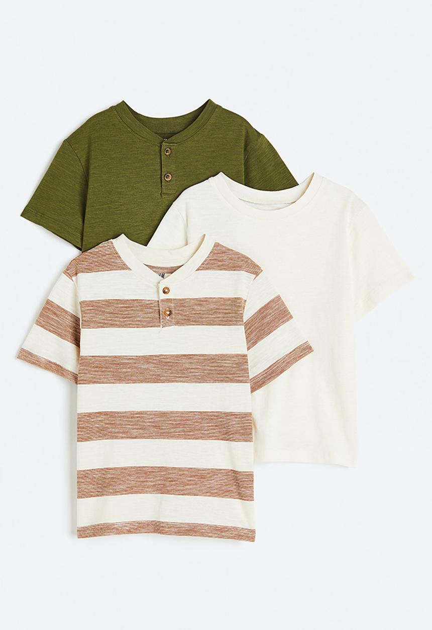 H&M - 3-pack henley tops - dark khaki green/natural white 