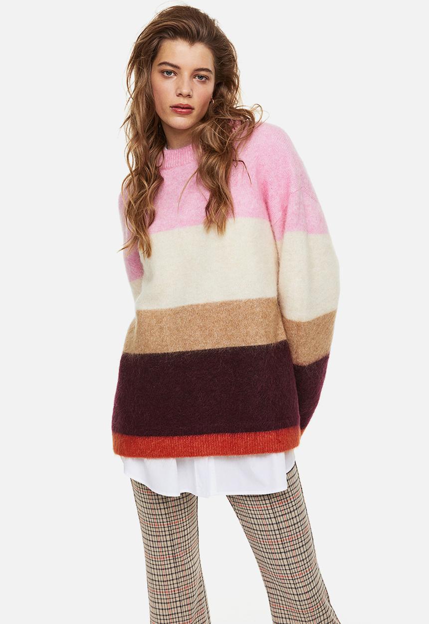 H&M - Oversized wool-blend jumper - pink & block-striped