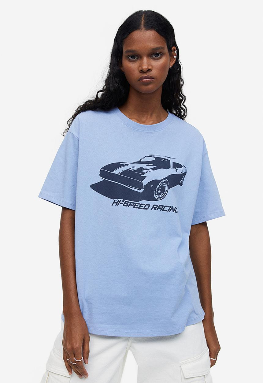 H&M - Oversized printed t-shirt - light blue & car
