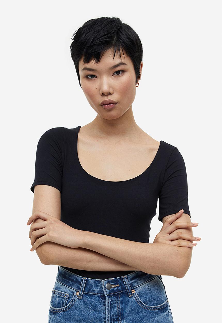 H&M - Short-sleeved thong body - black