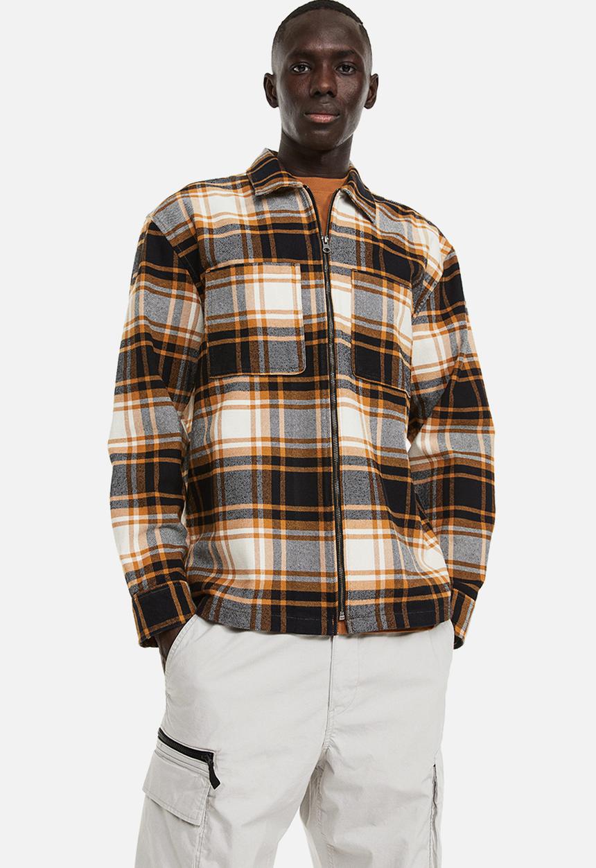 H&M - Relaxed fit zip-through overshirt - orange & black checked