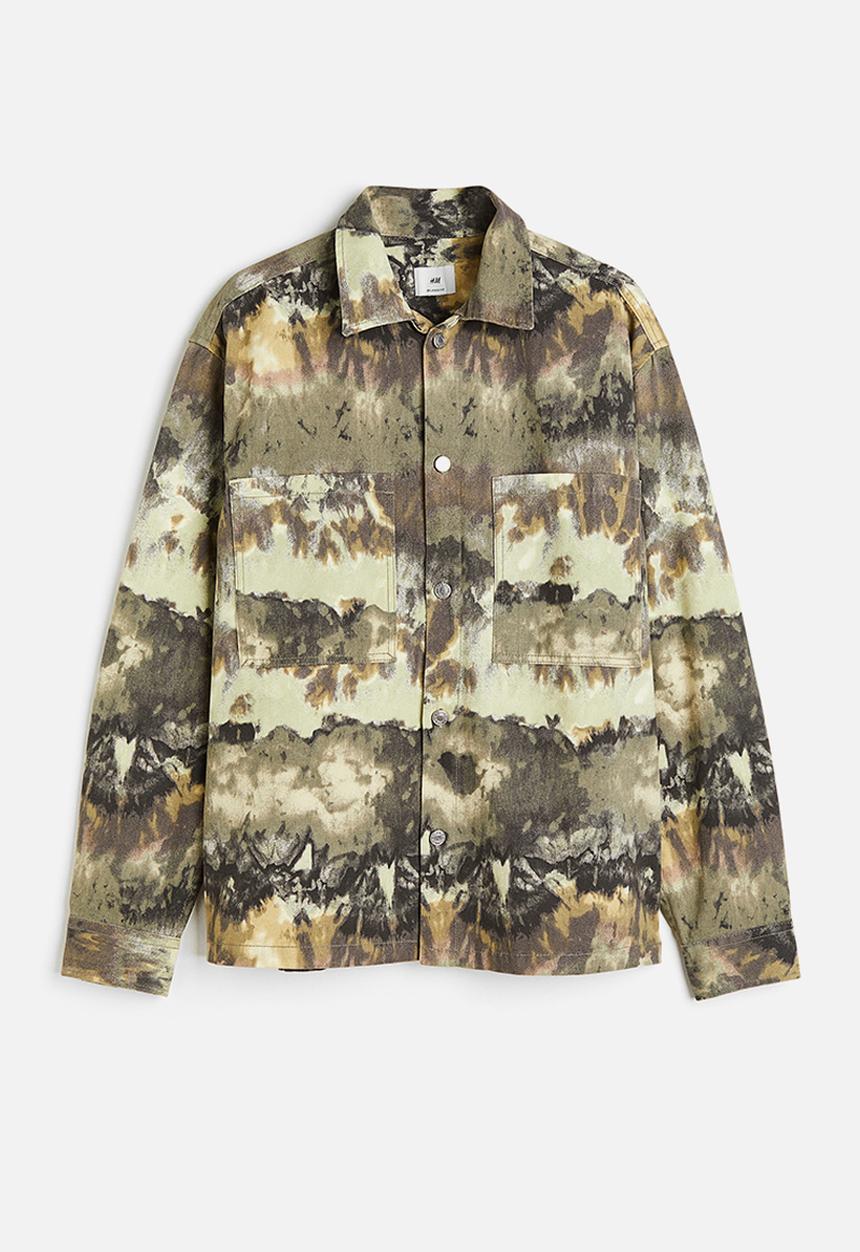 H&M - Relaxed fit patterned shacket - khaki green patterned 