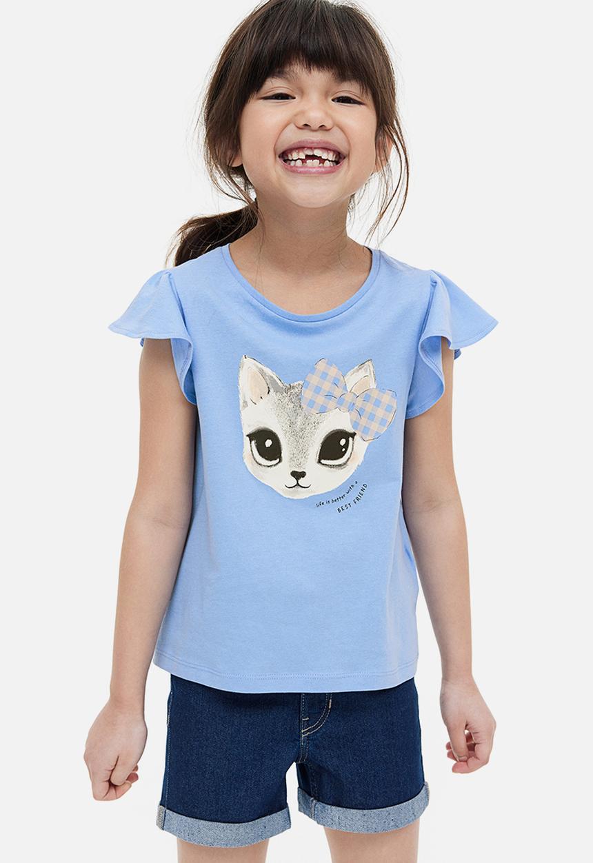 H&M - Flutter-sleeved jersey top - blue / cat 