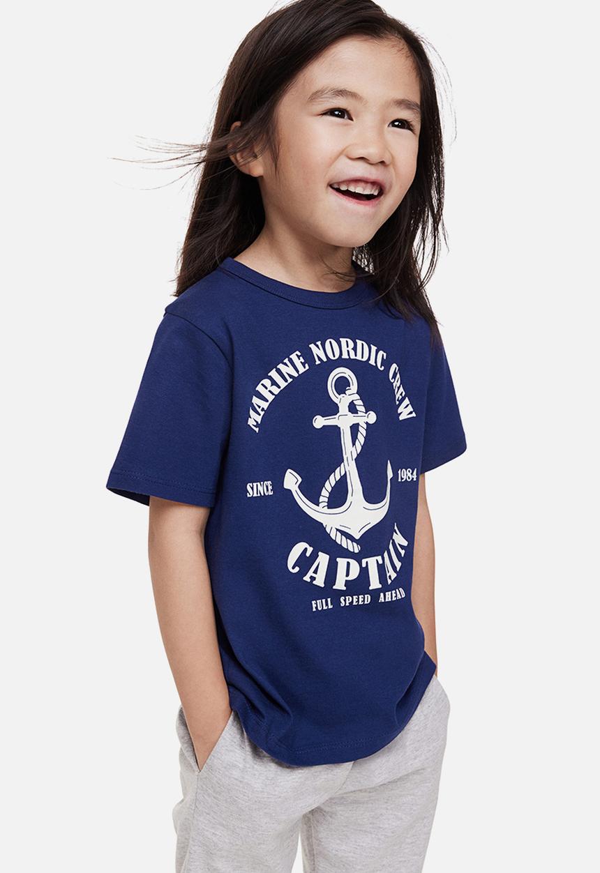 H&M - Printed cotton T-shirt - dark blue marine nordic crew 