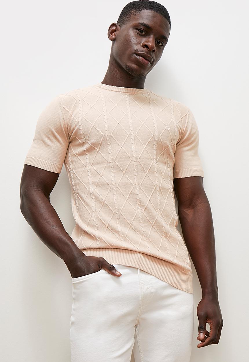 Lark & Crosse - Jacquard knit high neck tee - stone