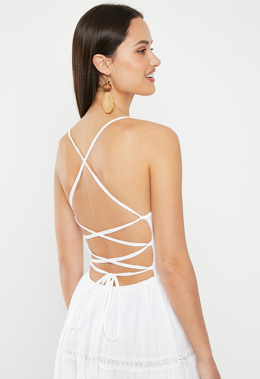 GUESS - Sleeveless lace up long dress - pure white