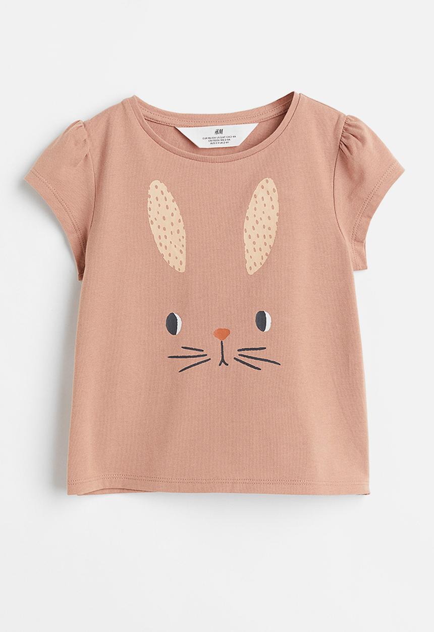 H&M - Puff-sleeved jersey top - beige-pink rabbit 