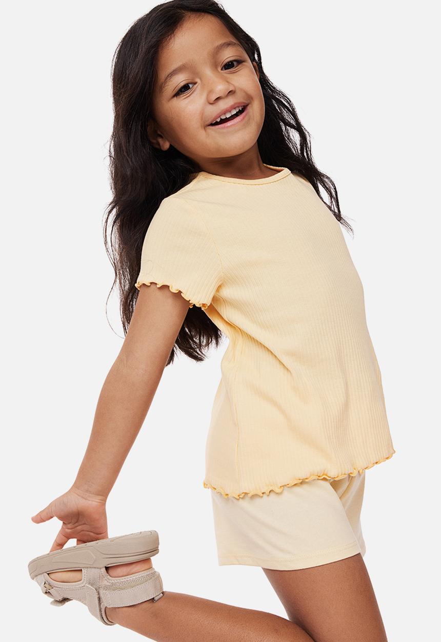 H&M - Short-sleeved ribbed top - light yellow 
