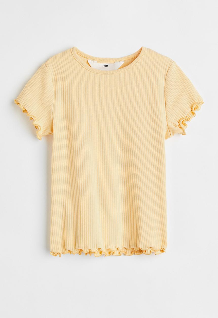 H&M - Short-sleeved ribbed top - light yellow 