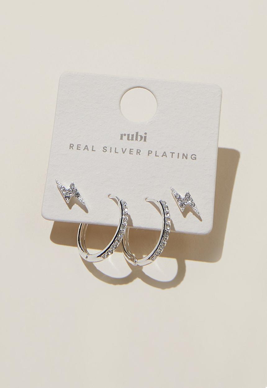 Rubi - 2 Pack small earring - sterling silver plated dia lightning hoop