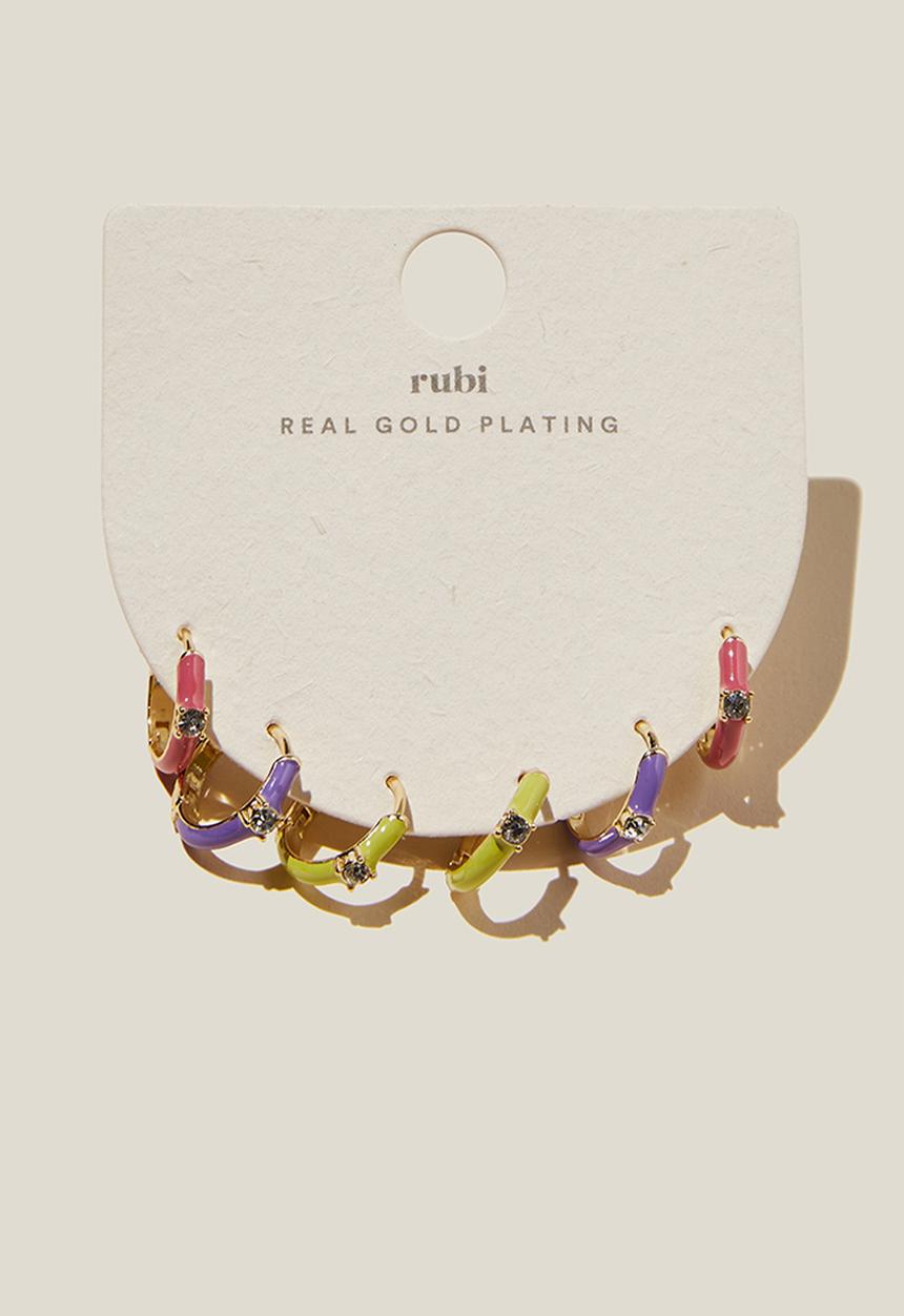 Rubi - 3 Pack mid earring - gold plated pink purple green dia