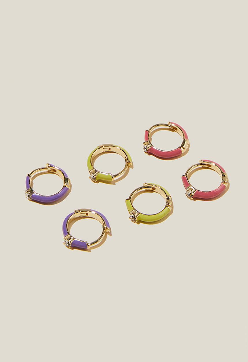 Rubi - 3 Pack mid earring - gold plated pink purple green dia