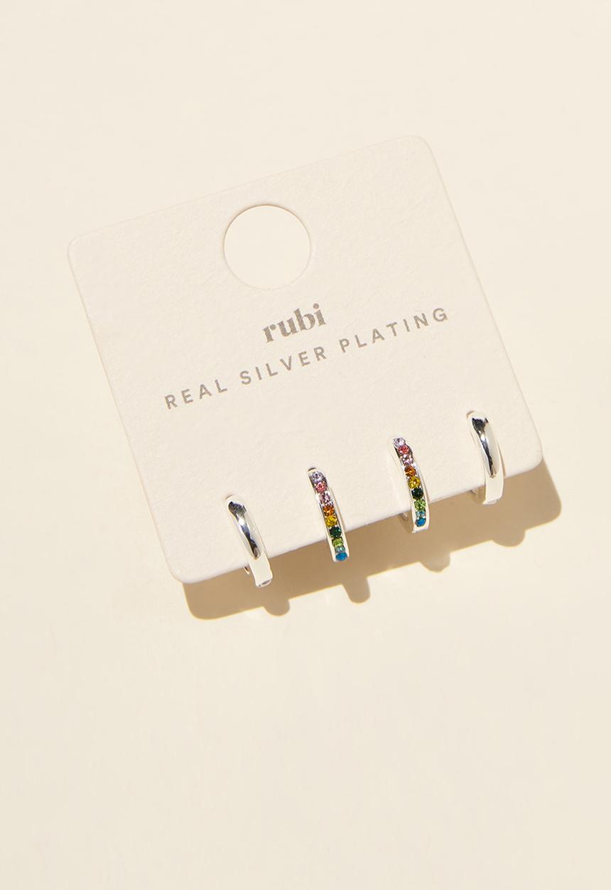 Rubi - Huggie hoop earring - sterling silver plated rainbow diamante