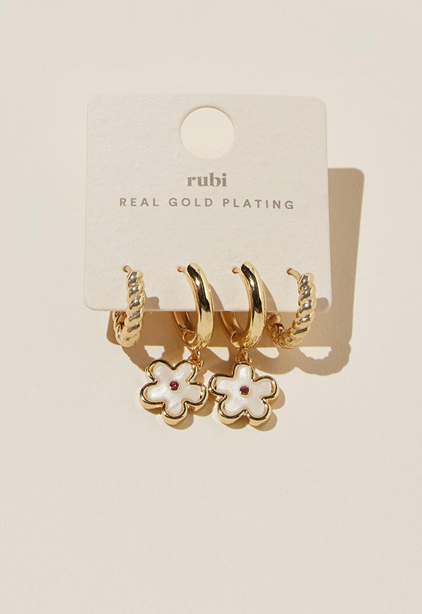 Rubi - 2 Pack mid earring - gold plated pearlescent retro flower