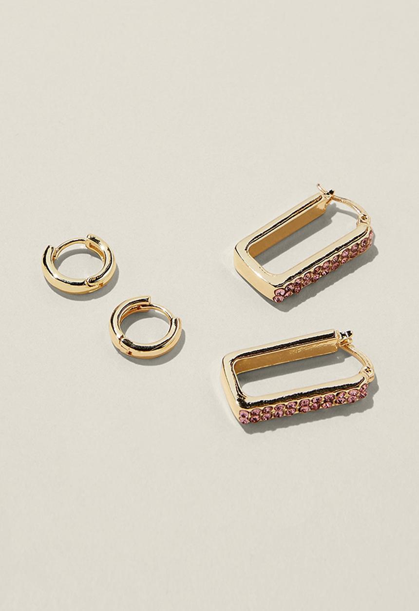 Rubi - 2 Pack mid earring - gold plated rectangle pink dia