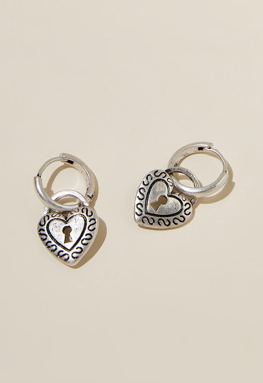 Rubi - Mid charm earring - sterling silver burnished heart padlock
