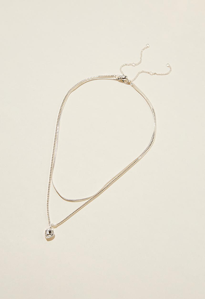 Rubi - 2pk pendant necklace silver plated heart diamante - silver