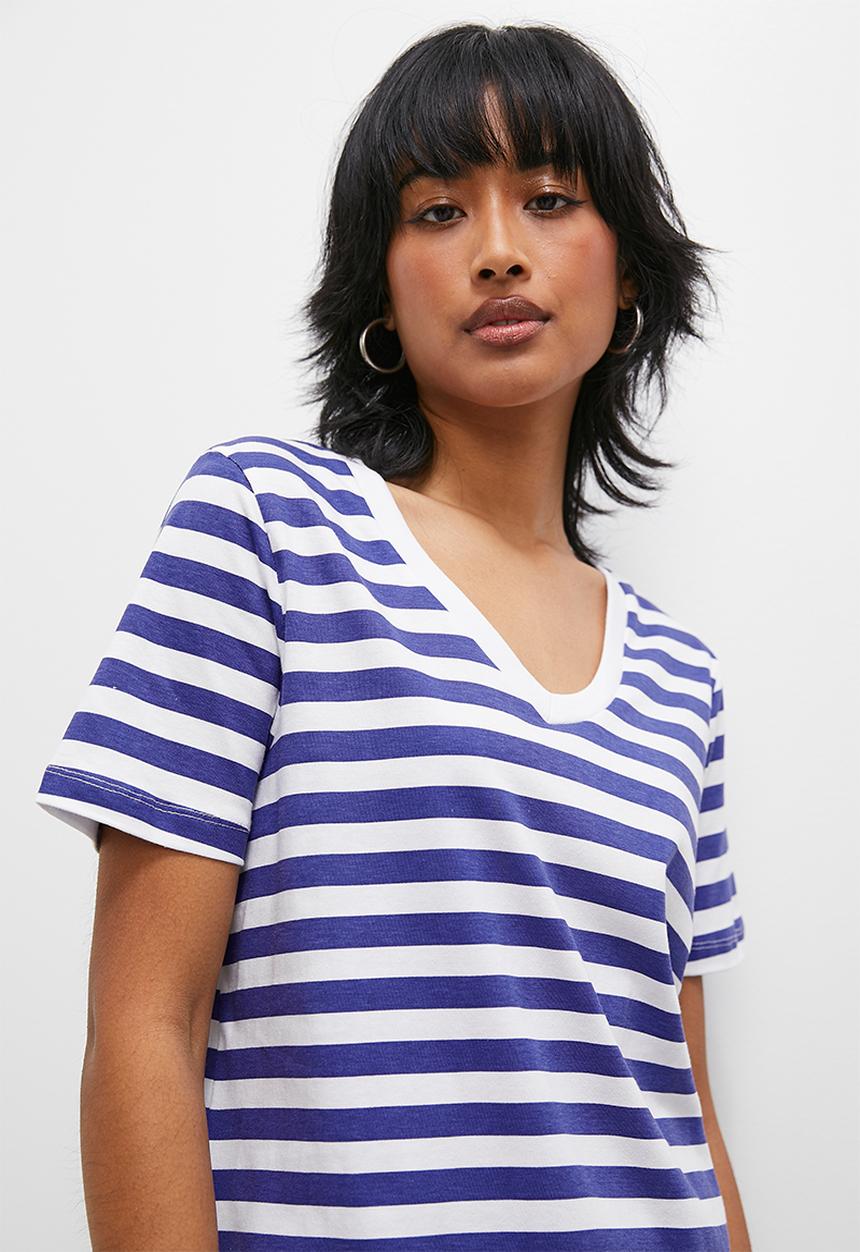 Basic V-neck tee - blue and white stripe