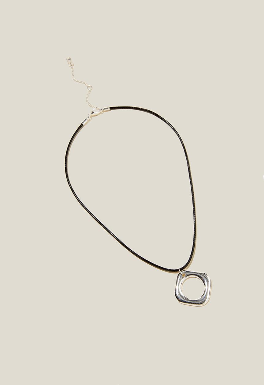Rubi - Large pendant necklace-black cord circle - silver