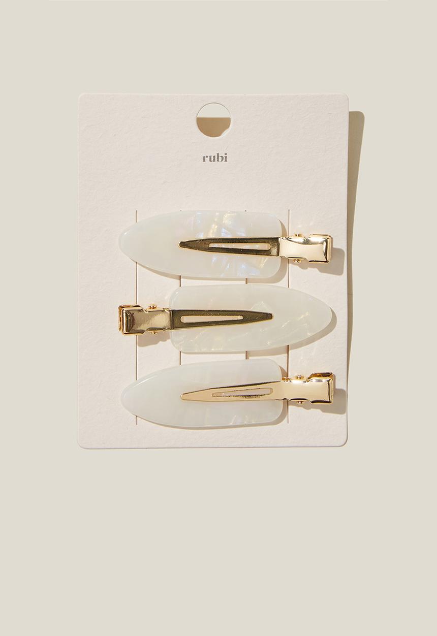 Rubi - 3pk chloe flat clips - white marble & gold