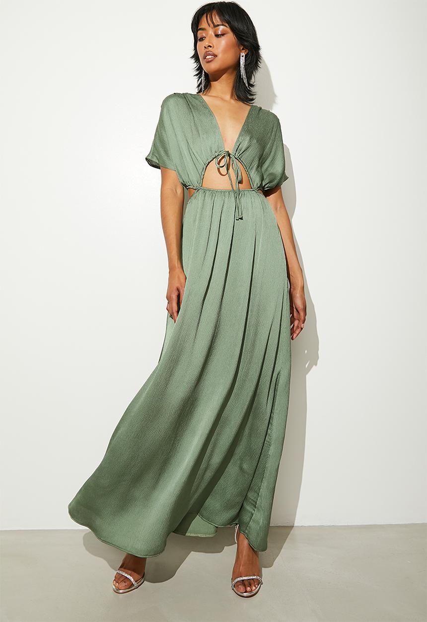 VELVET - Satin side cut out fit & flare dress - dark sage