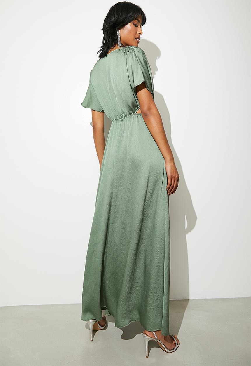 VELVET - Satin side cut out fit & flare dress - dark sage