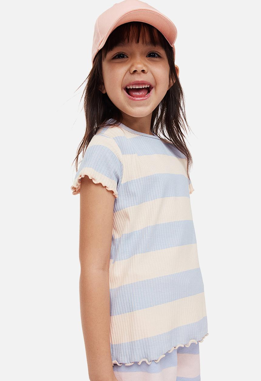 H&M - Short-sleeved ribbed top - light blue striped