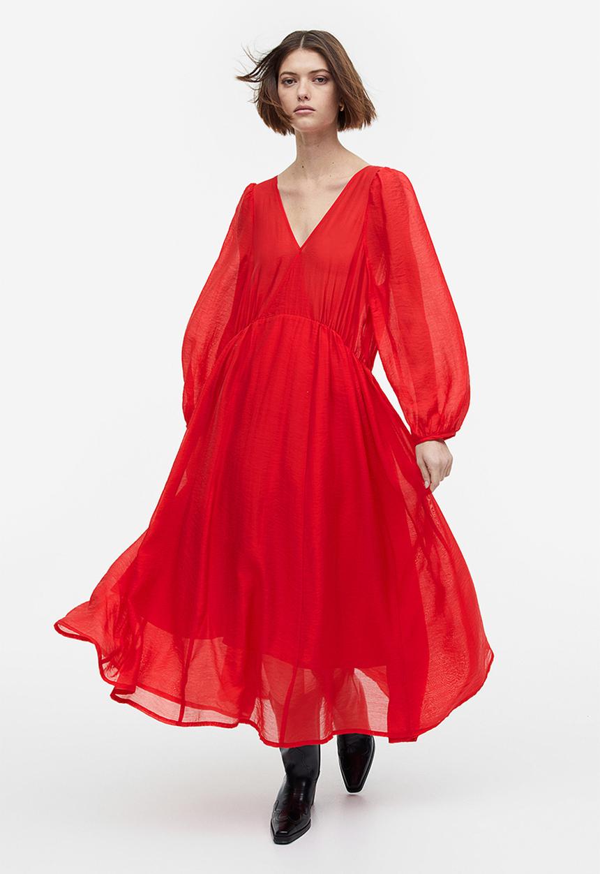 H&M - Balloon-sleeved v-neck dress - red