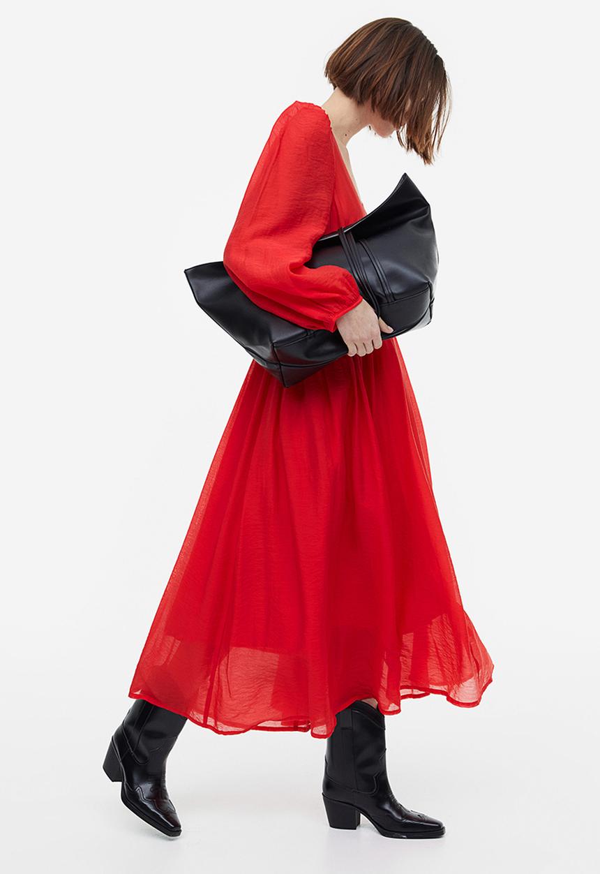 H&M - Balloon-sleeved v-neck dress - red