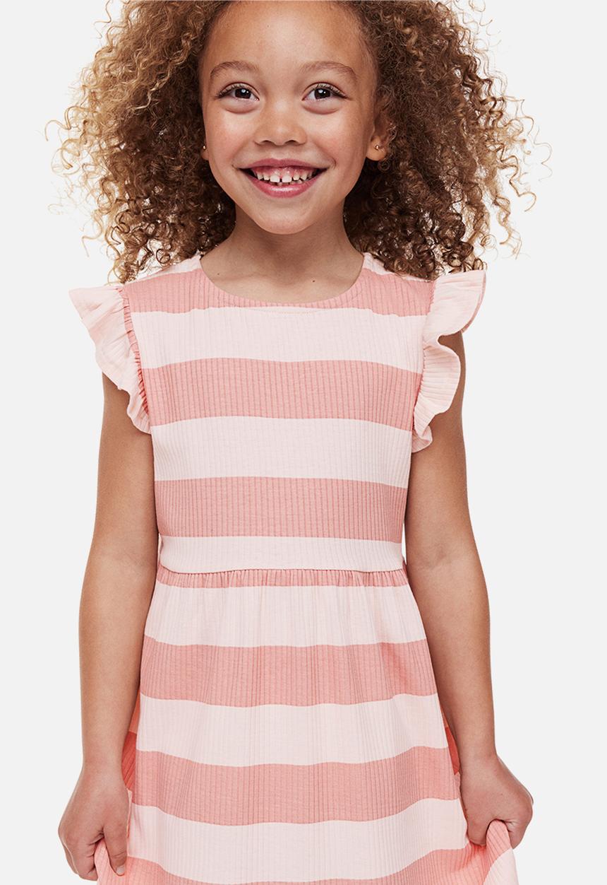 H&M - Flutter-sleeved ribbed dress - powder pink & striped 