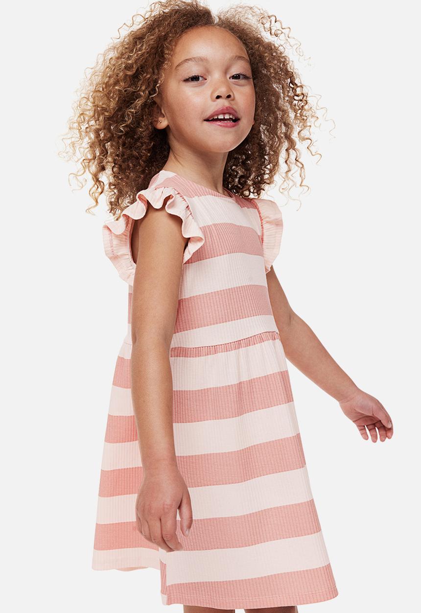 H&M - Flutter-sleeved ribbed dress - powder pink & striped 