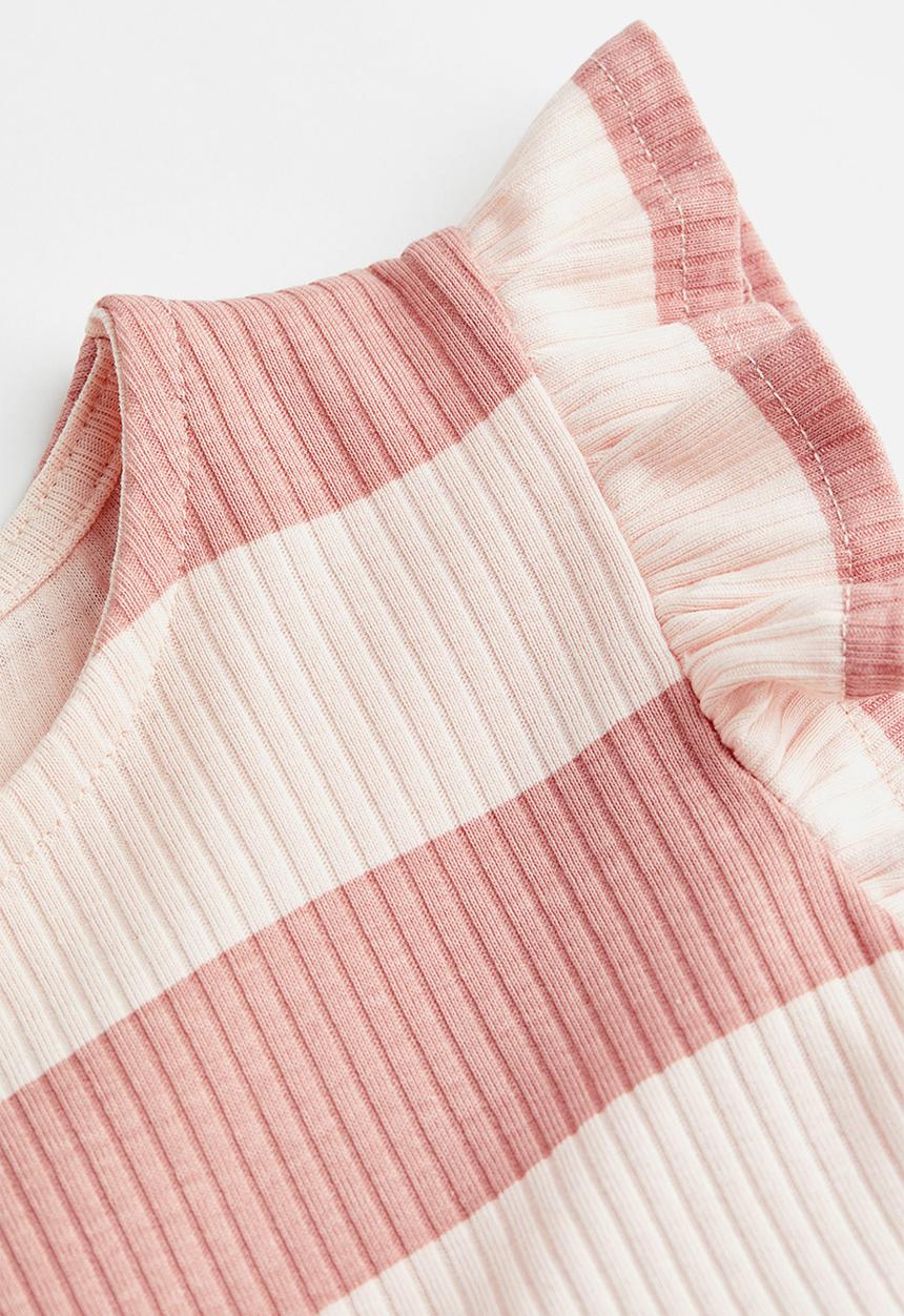 H&M - Flutter-sleeved ribbed dress - powder pink & striped 
