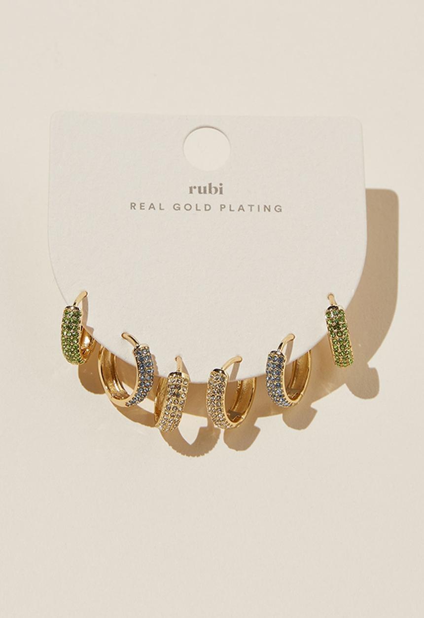 Rubi - 3 Pack mid earring - gold plated dia purple lilac green
