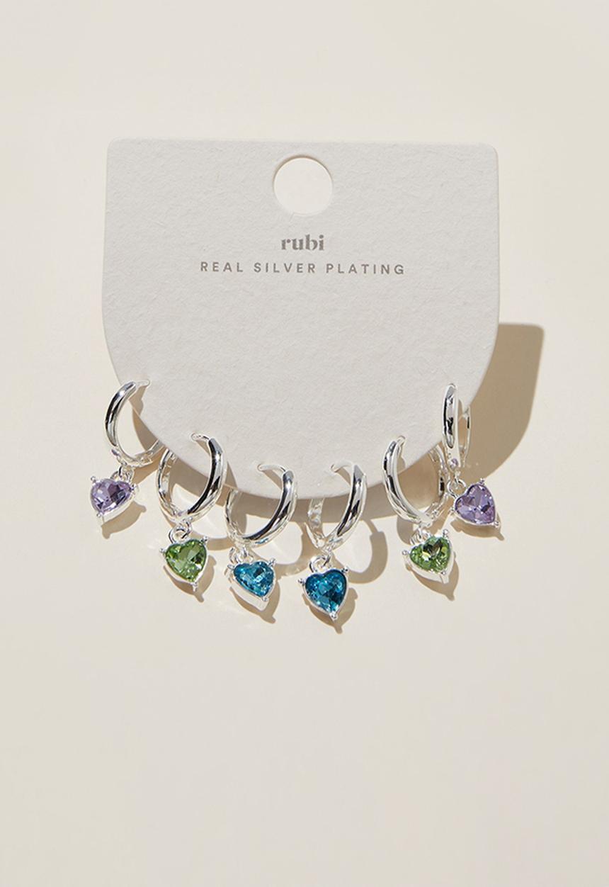 Rubi - 3 Pack mid earring - silver plated dia heart blue lilac periodt