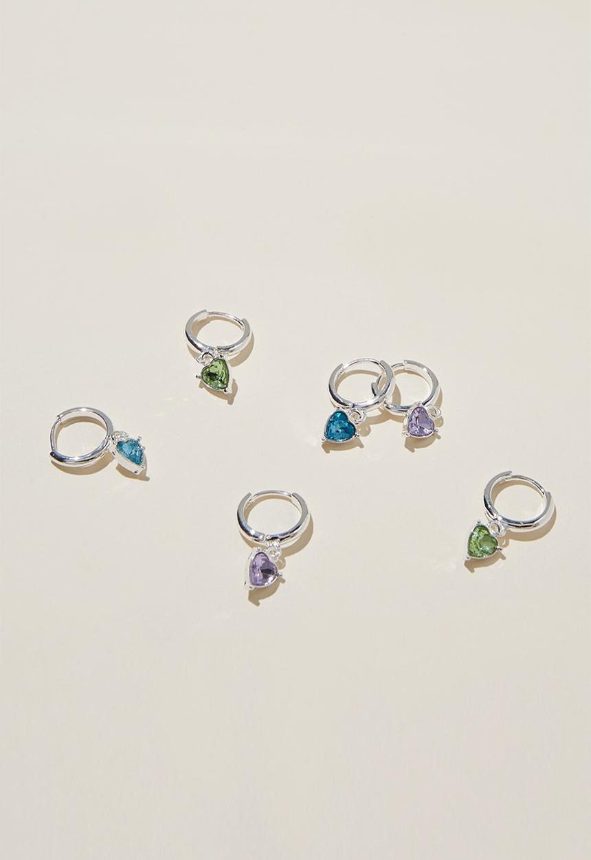 Rubi - 3 Pack mid earring - silver plated dia heart blue lilac periodt