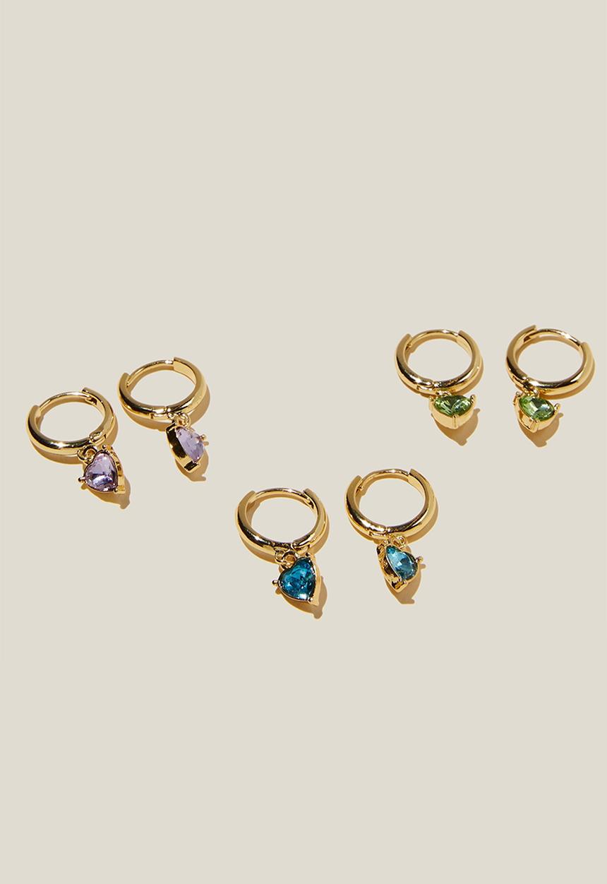 Rubi - 3 Pack mid earring - gold plated dia heart blue lilac periodt
